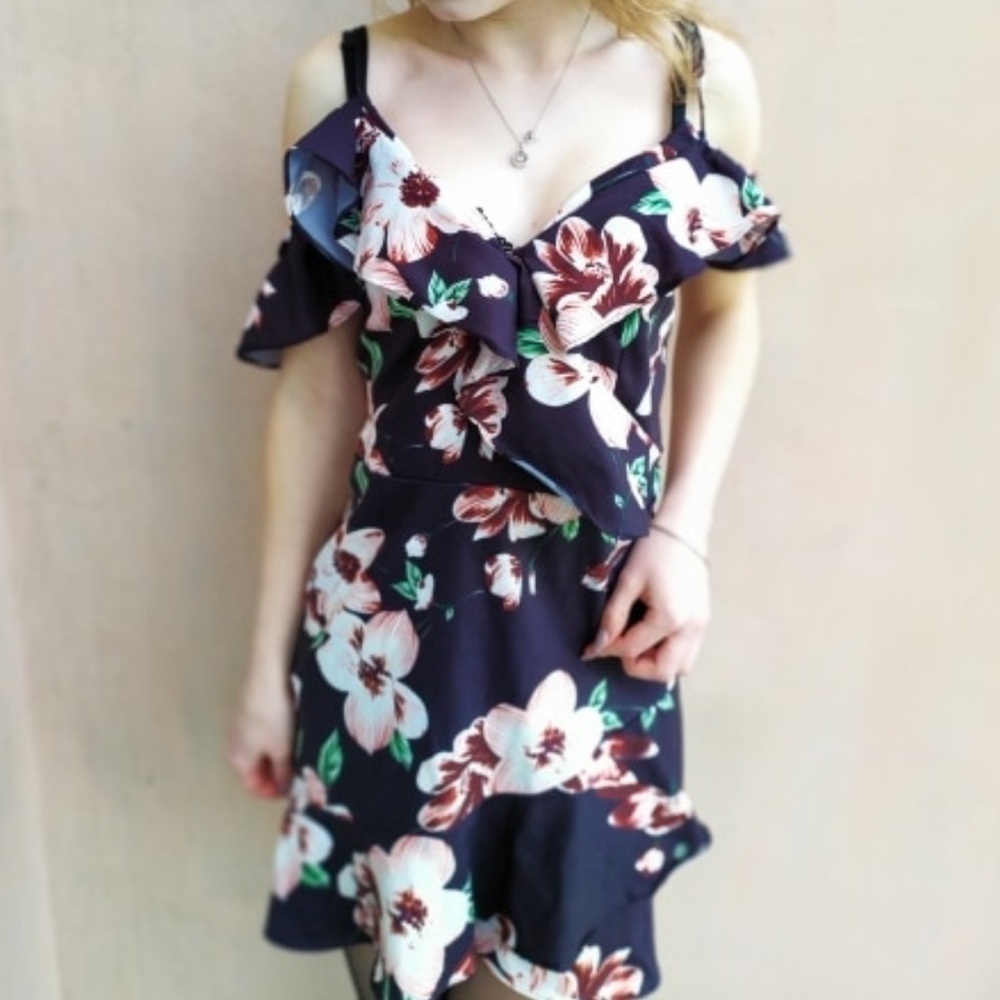 Black Floral Ruffle Off Shoulder Mini Dress NEW - Picture 6 of 8